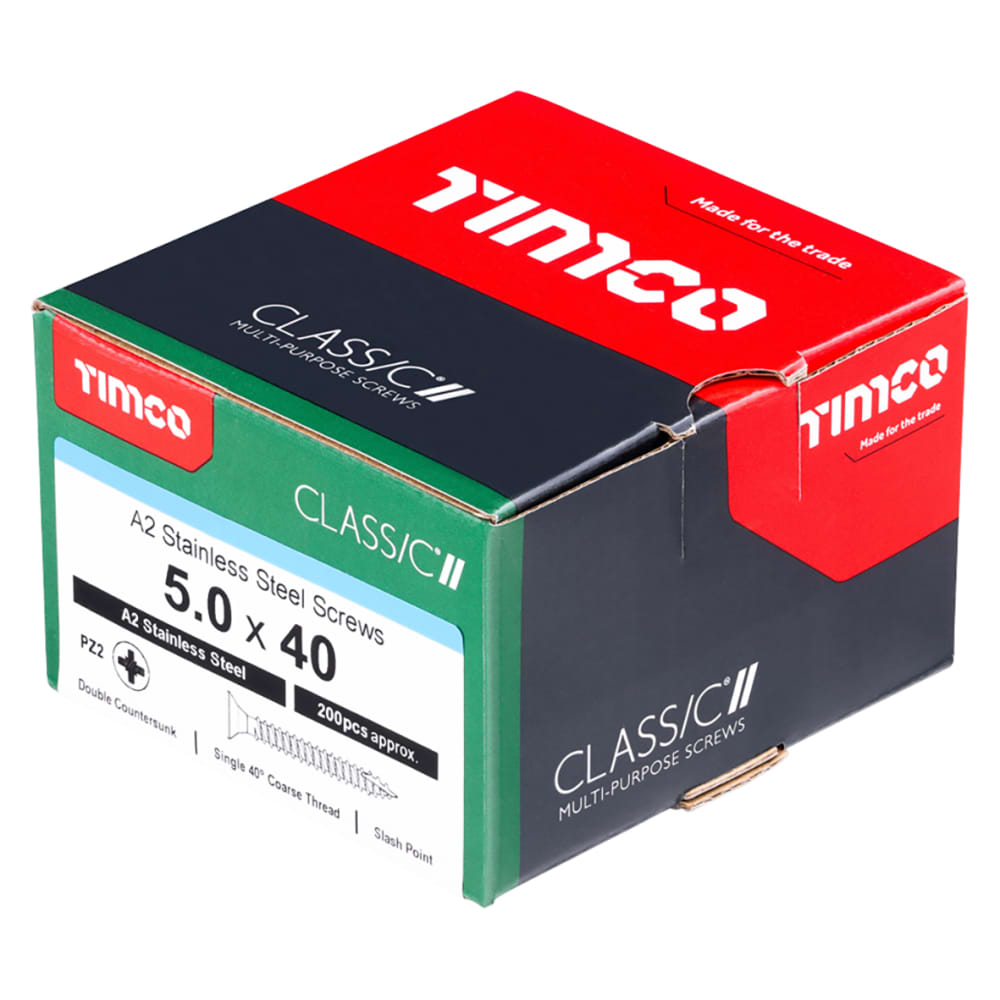 TIMCO Classic Pozi Countersunk Wood Screws - 5.0 x 40mm - A2 Stainless Steel - Pack of 200