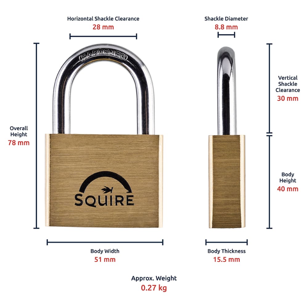 Squire Lion Open Shackle Padlock - 50mm Body - 30 x 28mm Shackle - Brass