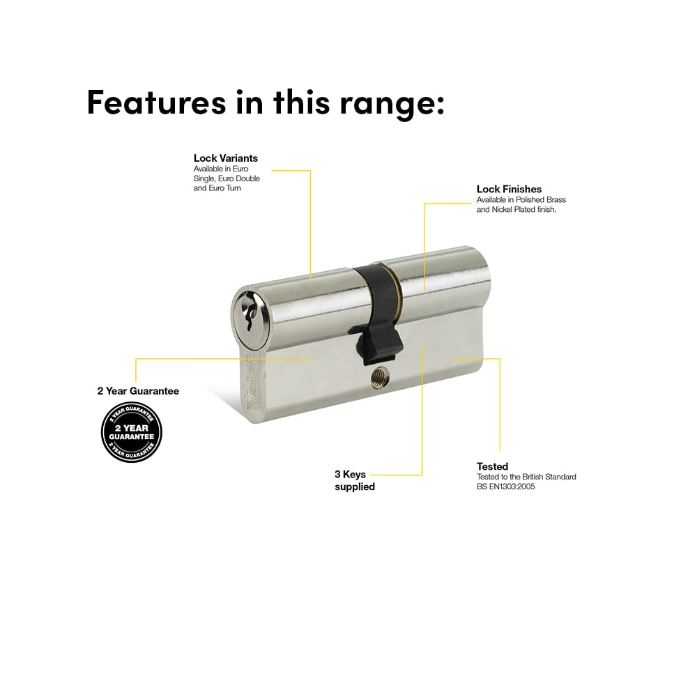Yale 6 Pin 50mm Euro Single Cylinder - 40 + 10mm - Satin Nickel - Keyed to Differ