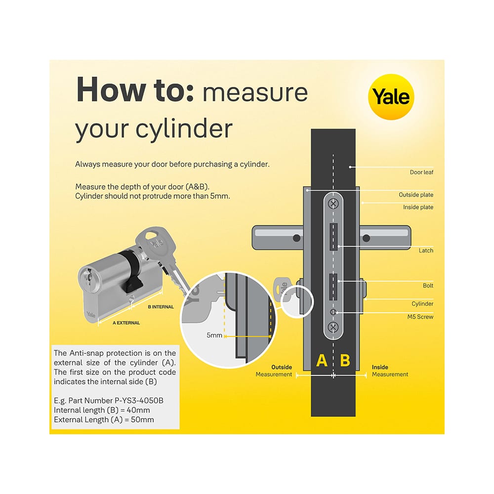Yale 6 Pin 50mm Euro Single Cylinder - 40 + 10mm - Satin Nickel - Keyed to Differ