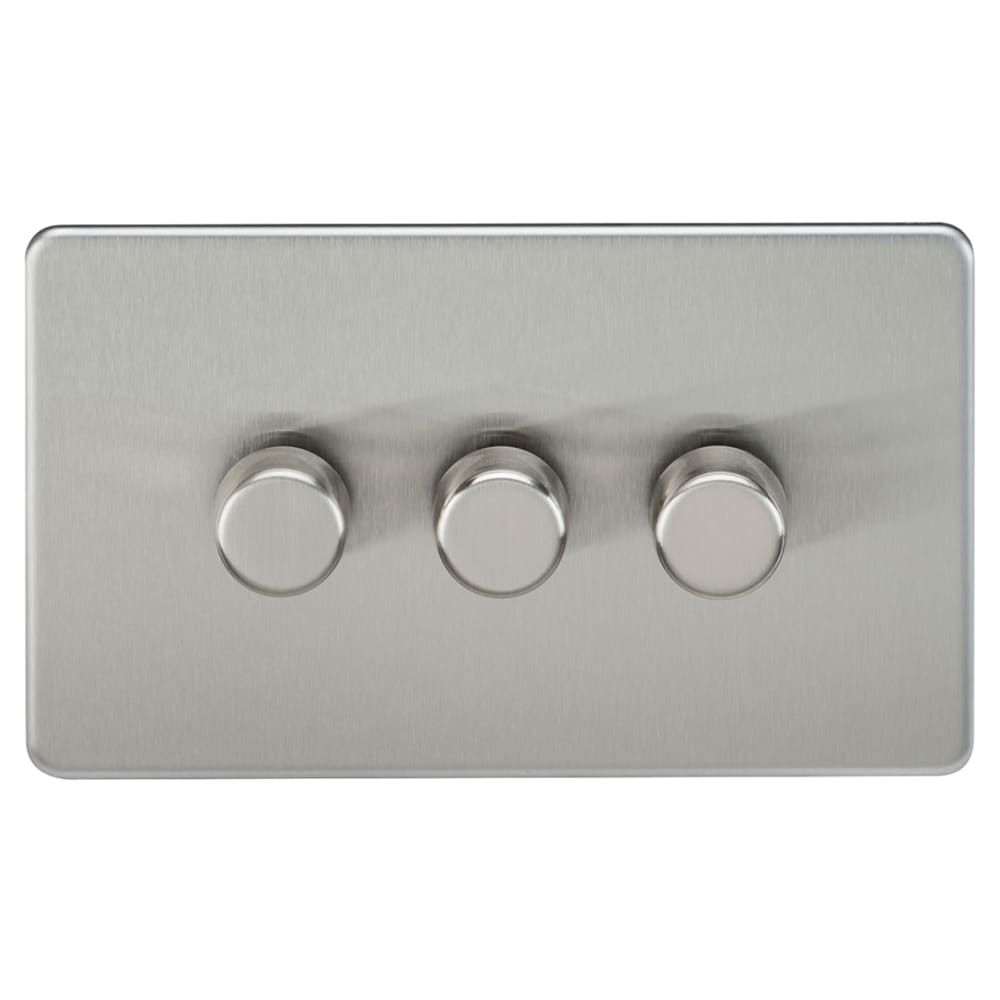 Knightsbridge 5-150W 3 Gang 2 Way Push On/Off Rotary Intelligent LED Dimmer Switch - Brushed Chrome