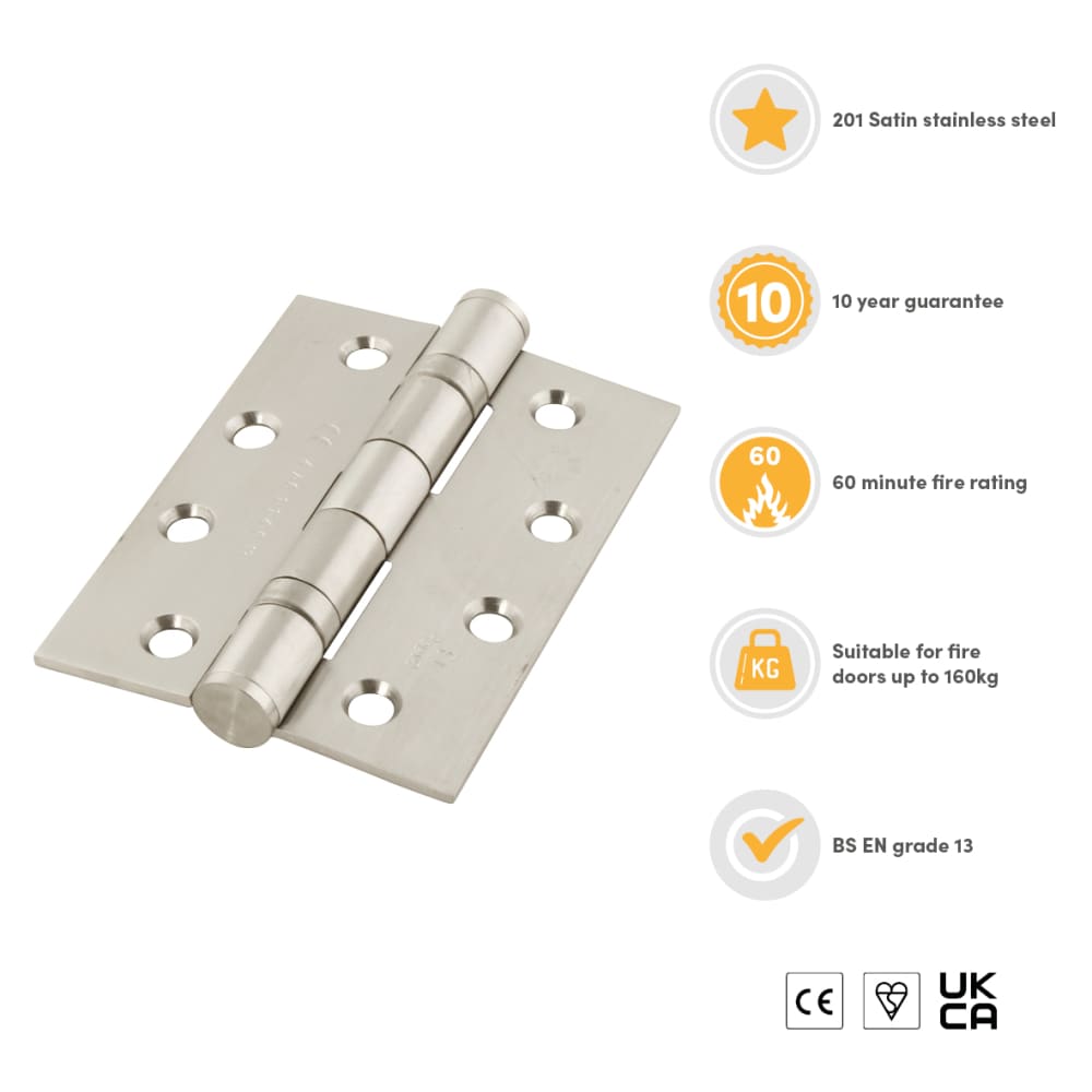 Altro Twin Ball Bearing Grade 13 Butt Fire Door Hinge - 100 x 75 x 3mm - 201 Sat Stainless - Pair