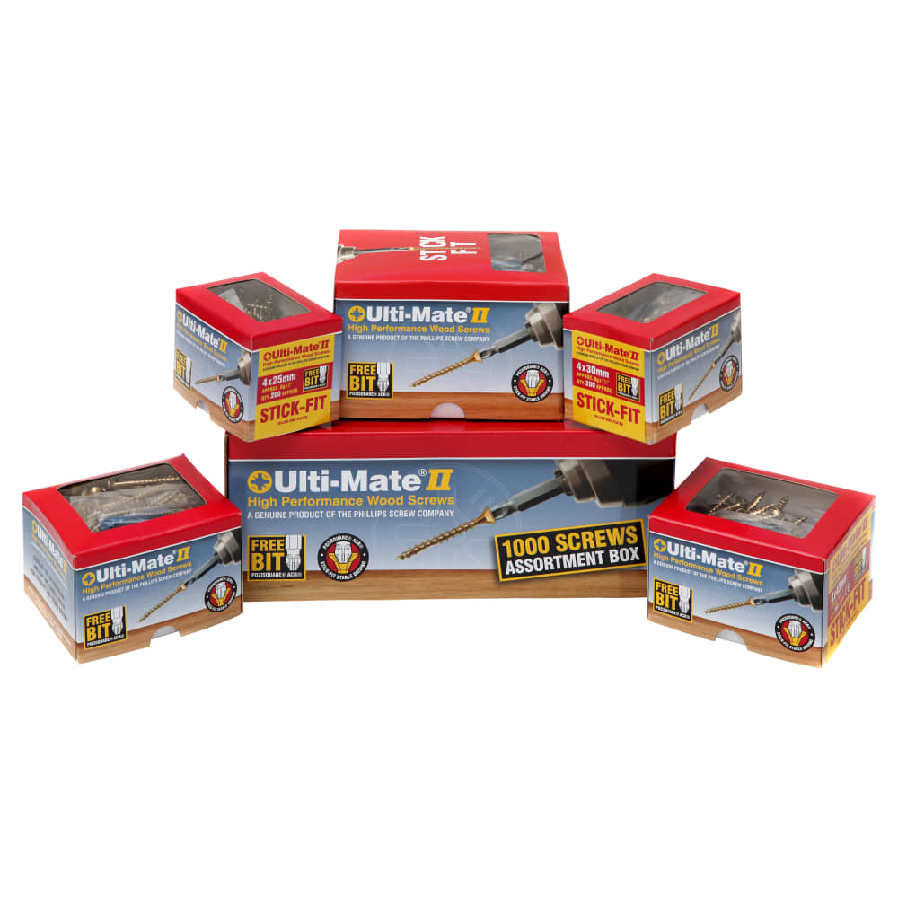 Ulti-Mate II Stick Fit PoziSquare Countersunk Wood Screws Tester Pack - Yellow Zinc - Pack of 1000