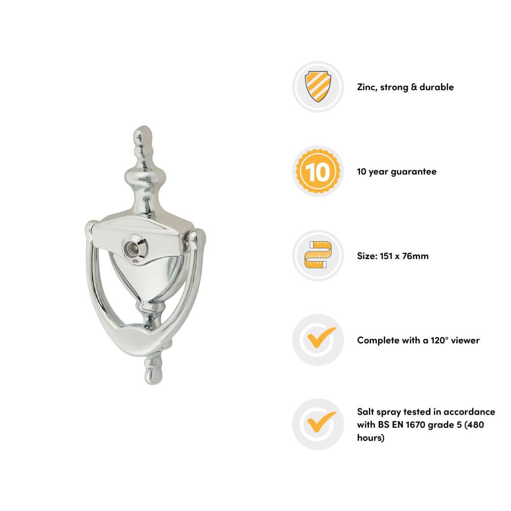 Arrone AR727K Traditional Urn Door Knocker With Viewer - 151 x 76mm - Polished Chrome