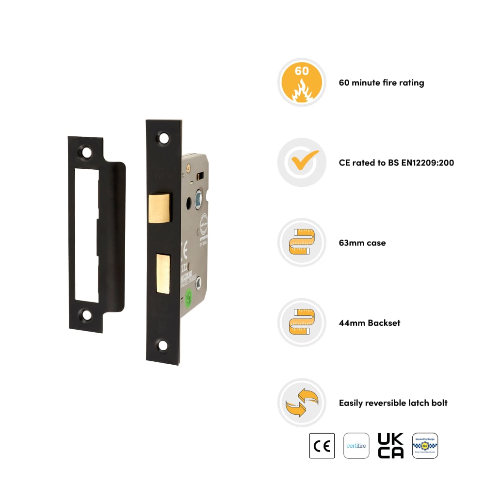 Bathroom Lock - 63mm Case - 44mm Backset - Matt Black