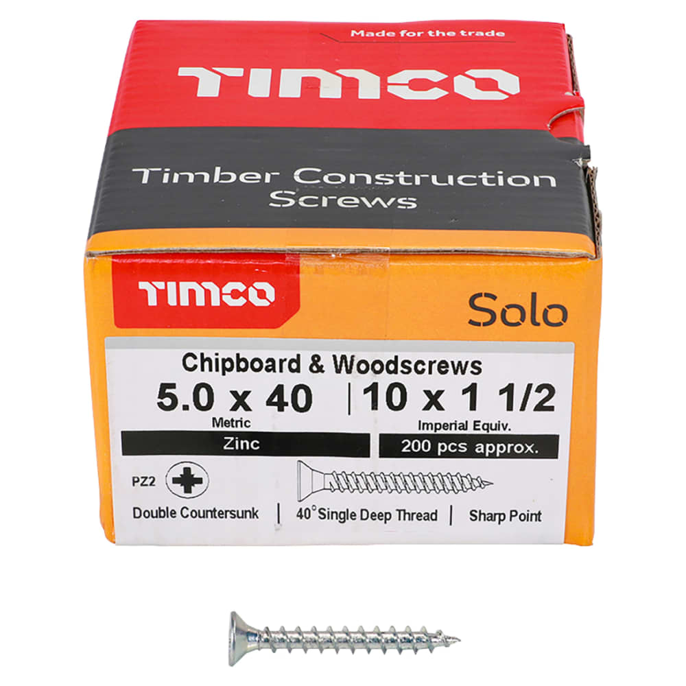 TIMCO Solo Chippy Pozi Countersunk Wood Screws - 5.0 x 40mm - Zinc Plated - Pack of 200