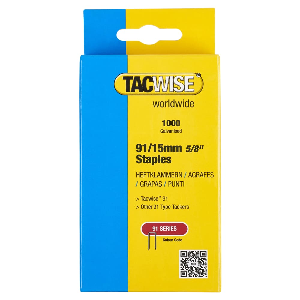 Tacwise 91 Series Narrow Crown Staples - 15mm Length - Galvanised - Pack of 1000