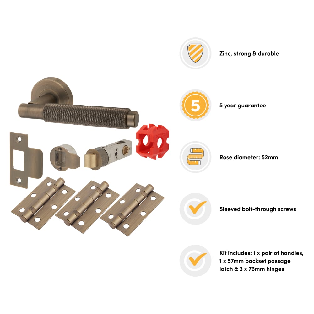 Jigtech Textura Latch Door Handle on Rose Kit - Passage - Matt Antique Brass