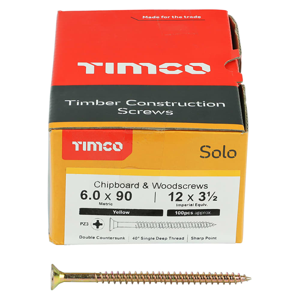 TIMCO Solo Chippy Pozi Countersunk Wood Screws - 6.0 x 90mm - Yellow Zinc - Pack of 100