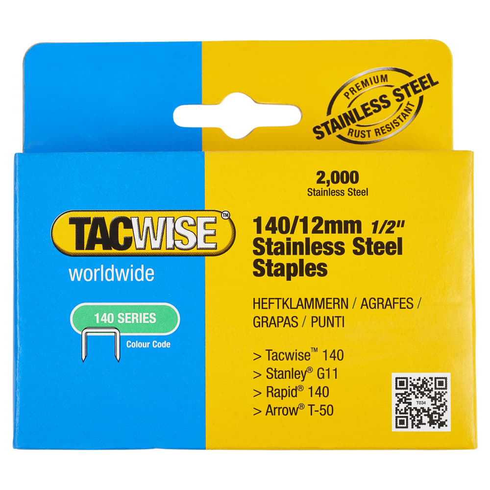 Tacwise 140 Series Staples (T50, G11, 140) - 12mm Length - Stainless Steel Staples - Pack of 2000