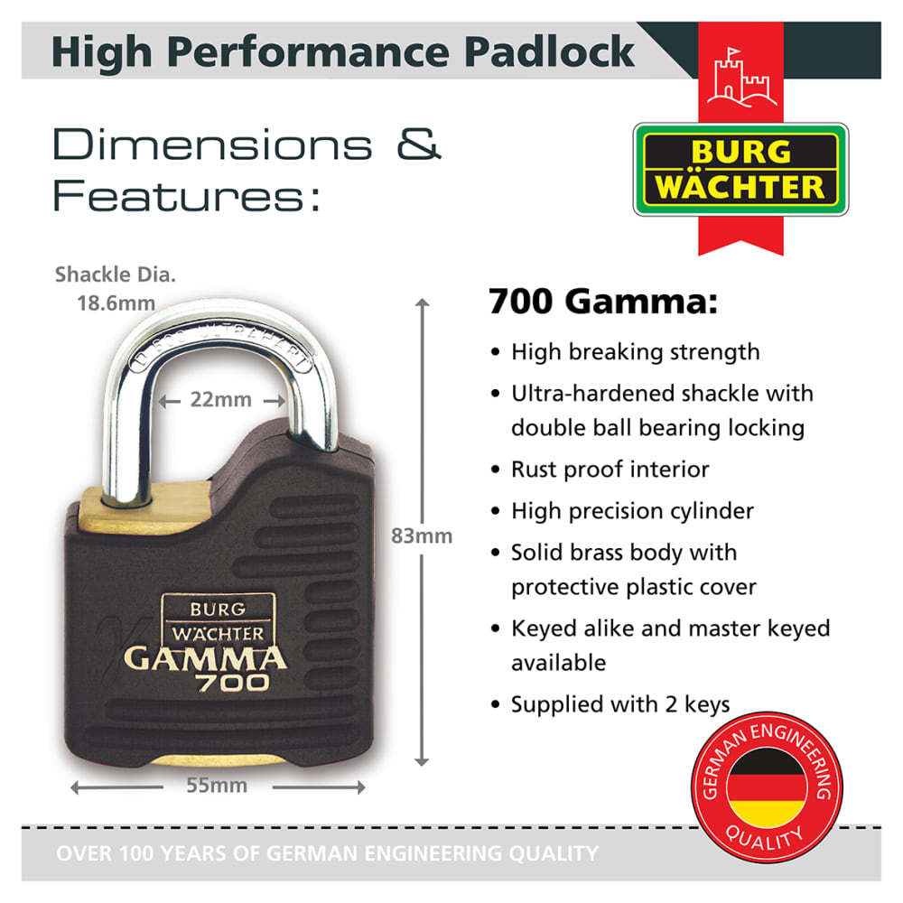 Burg Wachter Brass Gamma Padlock - 30mm Body - 22 x 26mm Shackle - Keyed Alike - Pack of 3