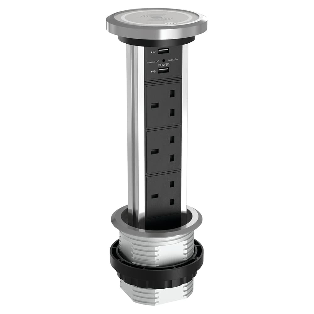 Sensio SensioPod M Motorised 3 Gang Pop-Up Socket and USB with QI Charger - Aluminium