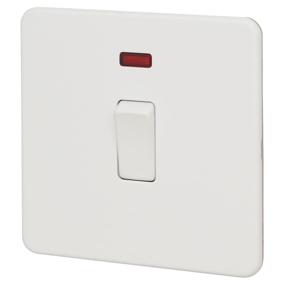 Knightsbridge 20A 1 Gang Double Pole Screwless Flat Plate Appliance Switch with Neon - Matt White