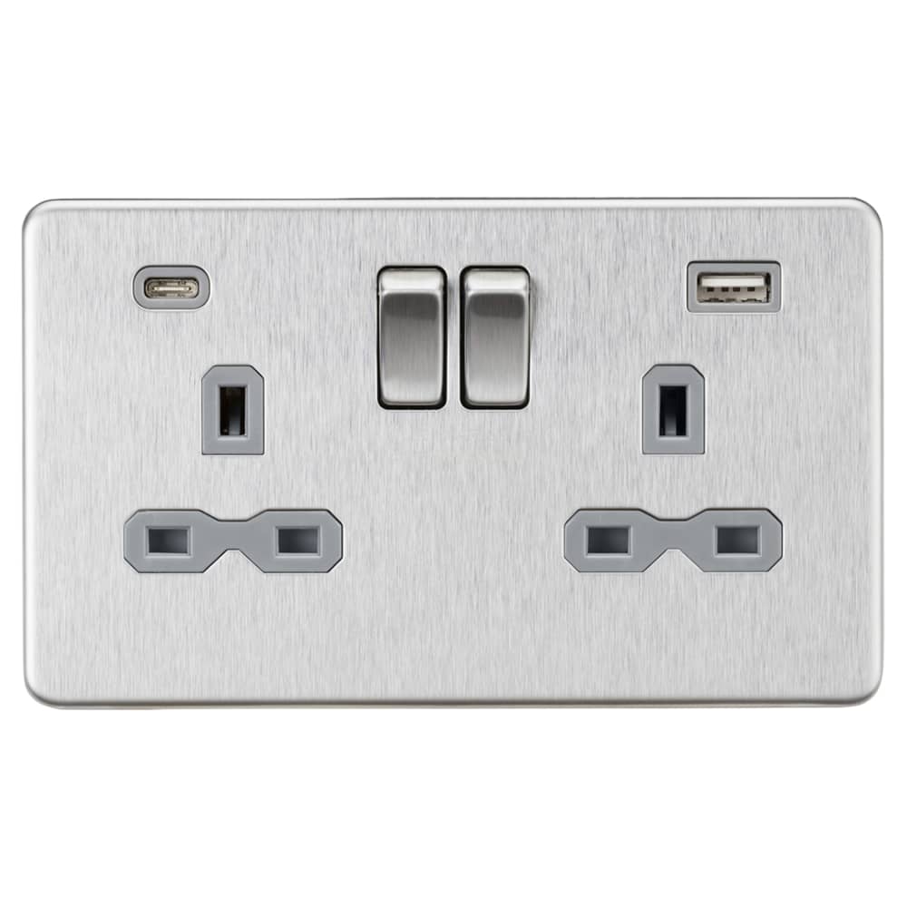 Knightsbridge 13A 2 Gang Screwless Type A/C USB Socket with 2 x USB - 4A - Brushed Chrome/Grey