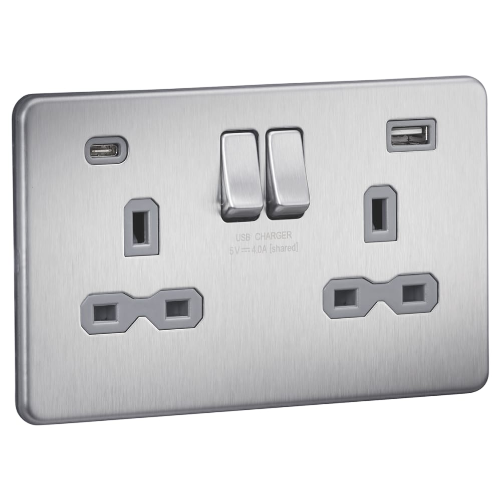 Knightsbridge 13A 2 Gang Screwless Type A/C USB Socket with 2 x USB - 4A - Brushed Chrome/Grey