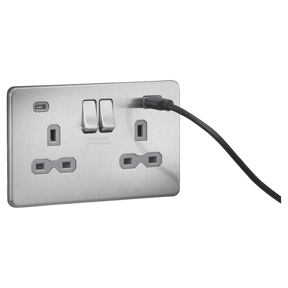 Knightsbridge 13A 2 Gang Screwless Type A/C USB Socket with 2 x USB - 4A - Brushed Chrome/Grey