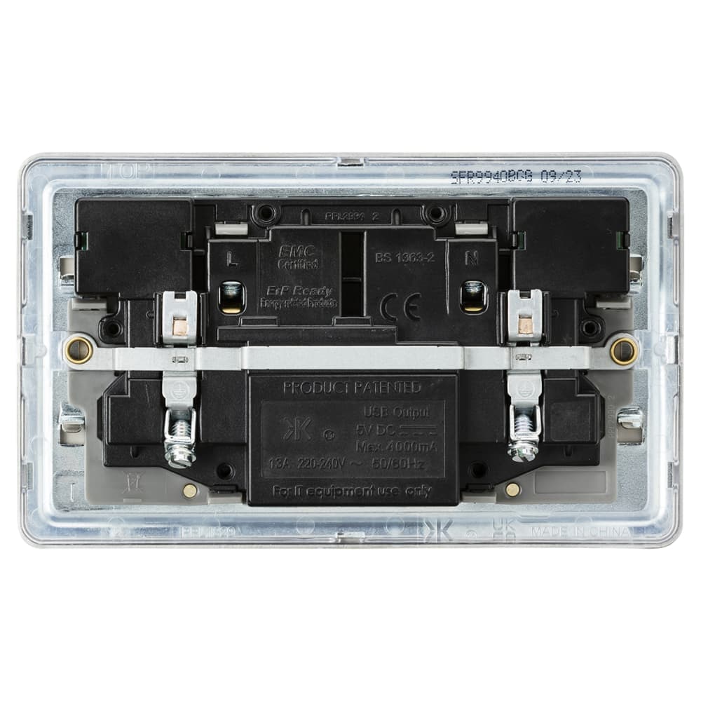 Knightsbridge 13A 2 Gang Screwless Type A/C USB Socket with 2 x USB - 4A - Brushed Chrome/Grey