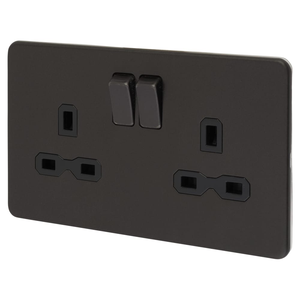 Knightsbridge 13A 2 Gang Screwless Flat Plate DP Switched Socket - Smoked Bronze/Black Inserts 
