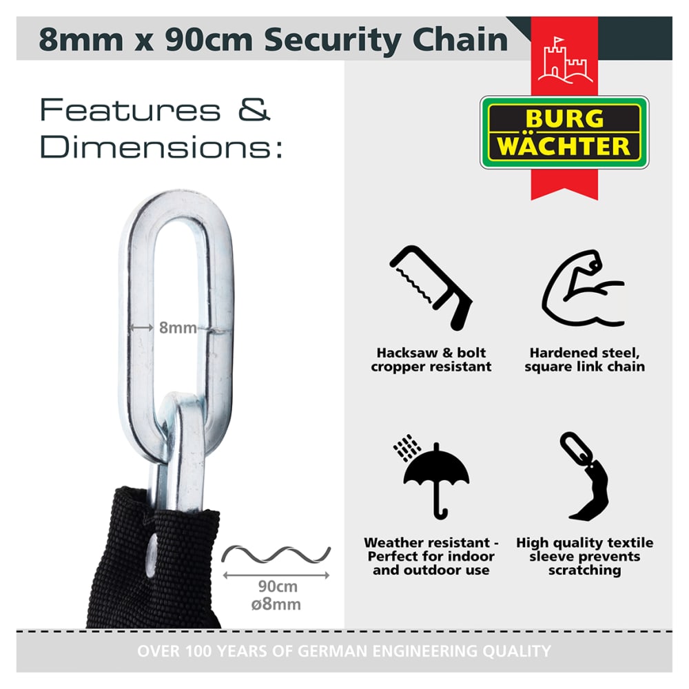 Burg Wachter GKM Fabric Sleeve Hardened Square Link Security Chain - 8 x 900mm - Black