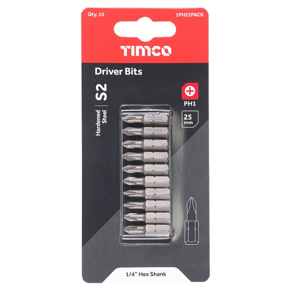 TIMCO Steel Driver Bits - Phillips - PH1 - 25mm Length - Pack of 10