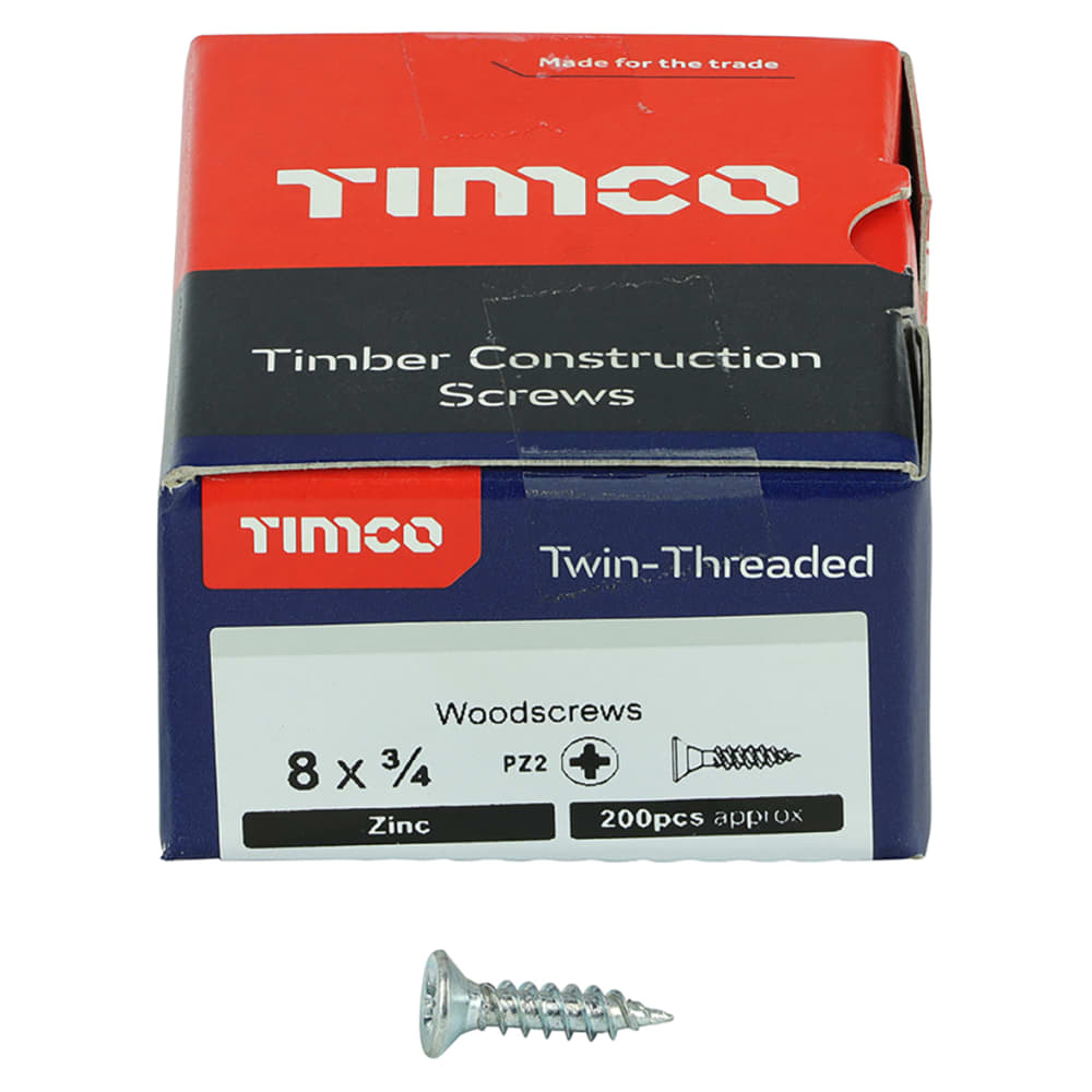 TIMCO Twin Threaded Pozi Countersunk Wood Screws - 8 x 3/4" - Zinc Plated - Pack of 200
