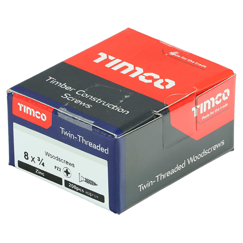 TIMCO Twin Threaded Pozi Countersunk Wood Screws - 8 x 3/4" - Zinc Plated - Pack of 200