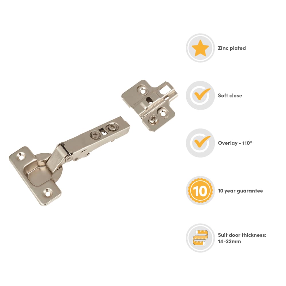Klug Clip-On Soft Close Cabinet Hinge - 110° - Overlay - Zinc Plated - Pair