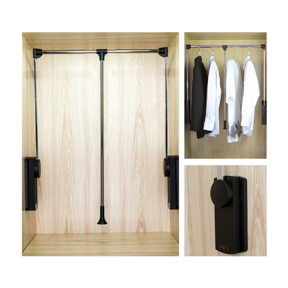 Heavy Duty Double Pull Down Wardrobe Rail Lift with Soft Close - 600-830mm - Black/Chrome