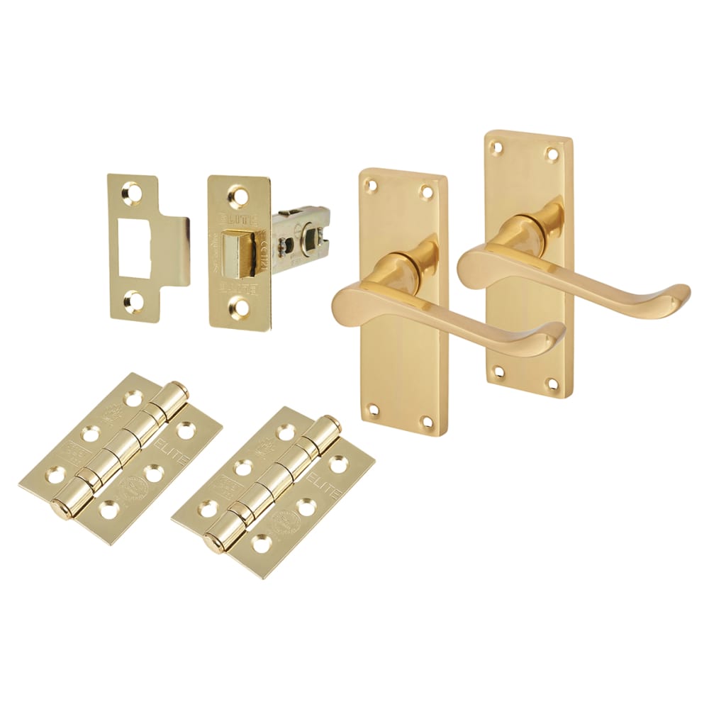 Touchpoint Victorian Scroll Latch Door Handle Kit - Short Plate - Polished Brass