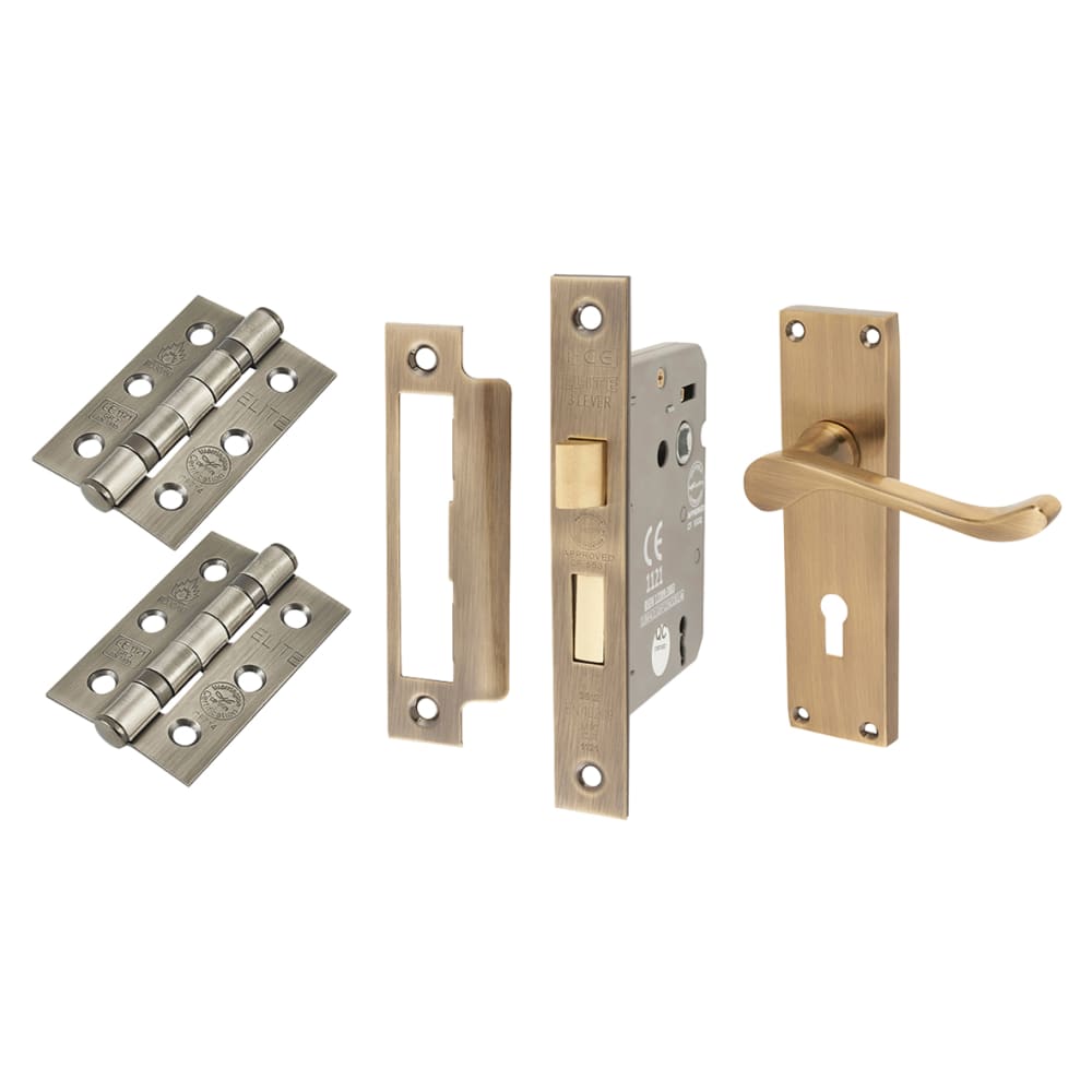 Touchpoint Victorian Scroll 3 Lever Sashlock Door Handle Kit - Antique Brass