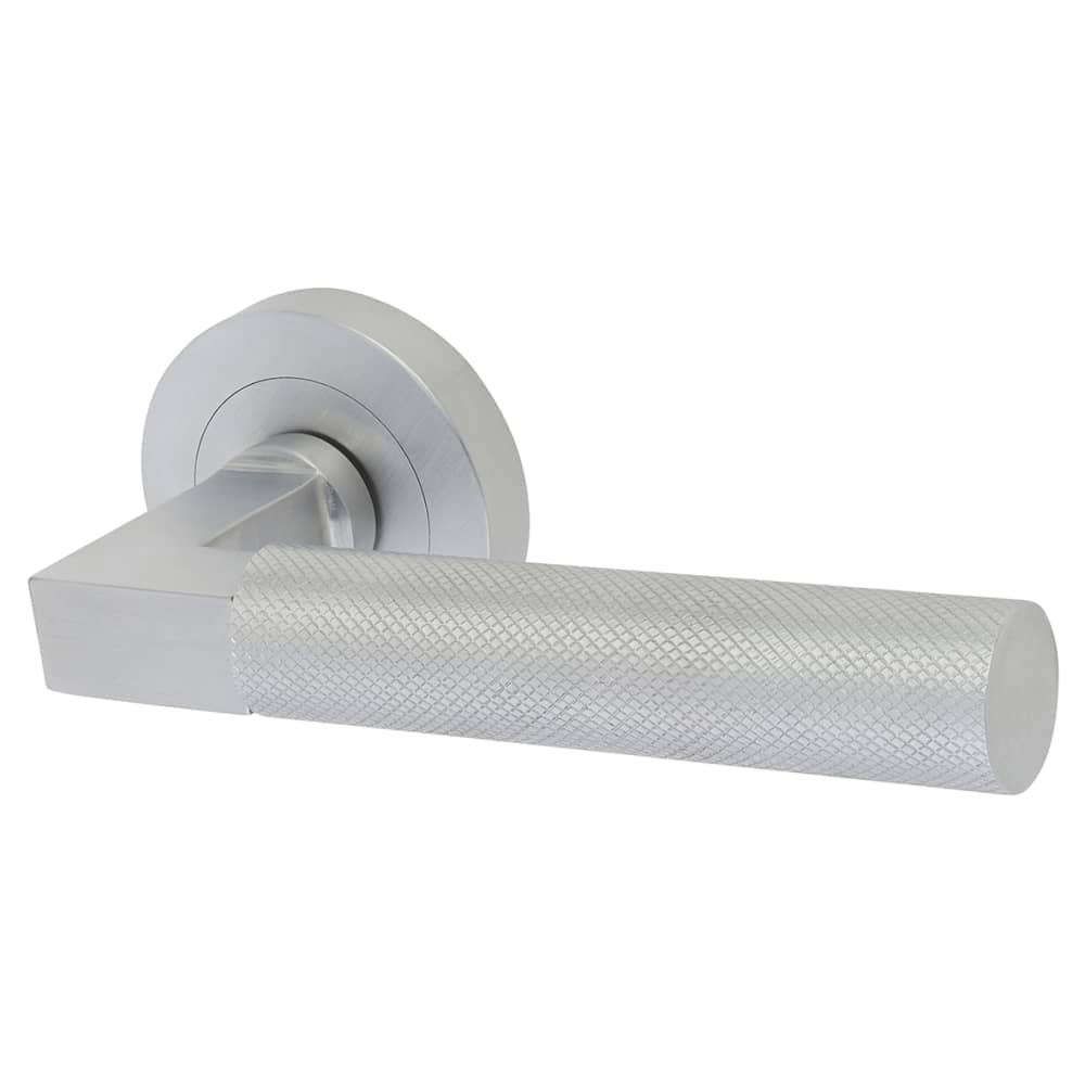Hampstead Solid Brass Knurled Door Handle on Rose - Satin Chrome