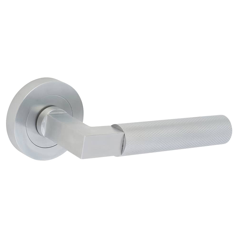 Hampstead Solid Brass Knurled Door Handle on Rose - Satin Chrome