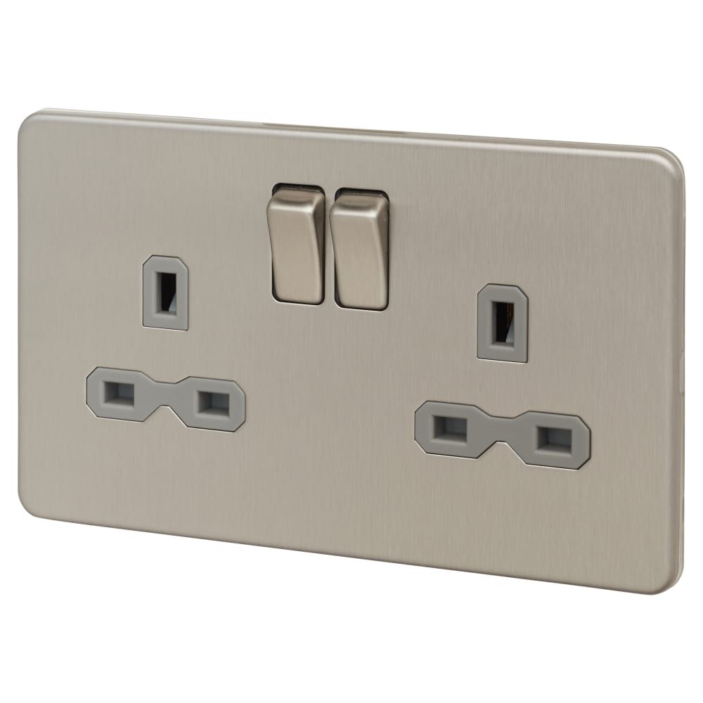 Knightsbridge 13A 2 Gang Screwless Flat Plate DP Switched Socket - Brushed Chrome with Grey Insert