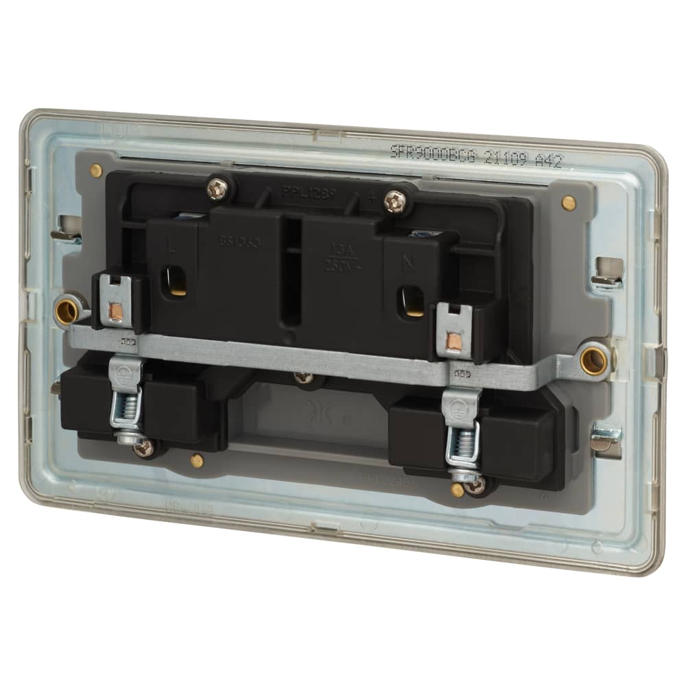 Knightsbridge 13A 2 Gang Screwless Flat Plate DP Switched Socket - Brushed Chrome with Grey Insert