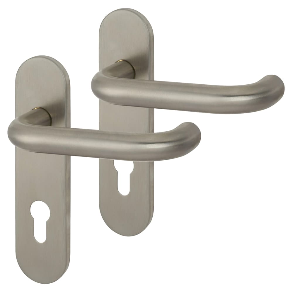 Altro 19mm Return to Door Lock Door Handle - Radius Plate - Euro - 72mm c/c - Satin Stainless