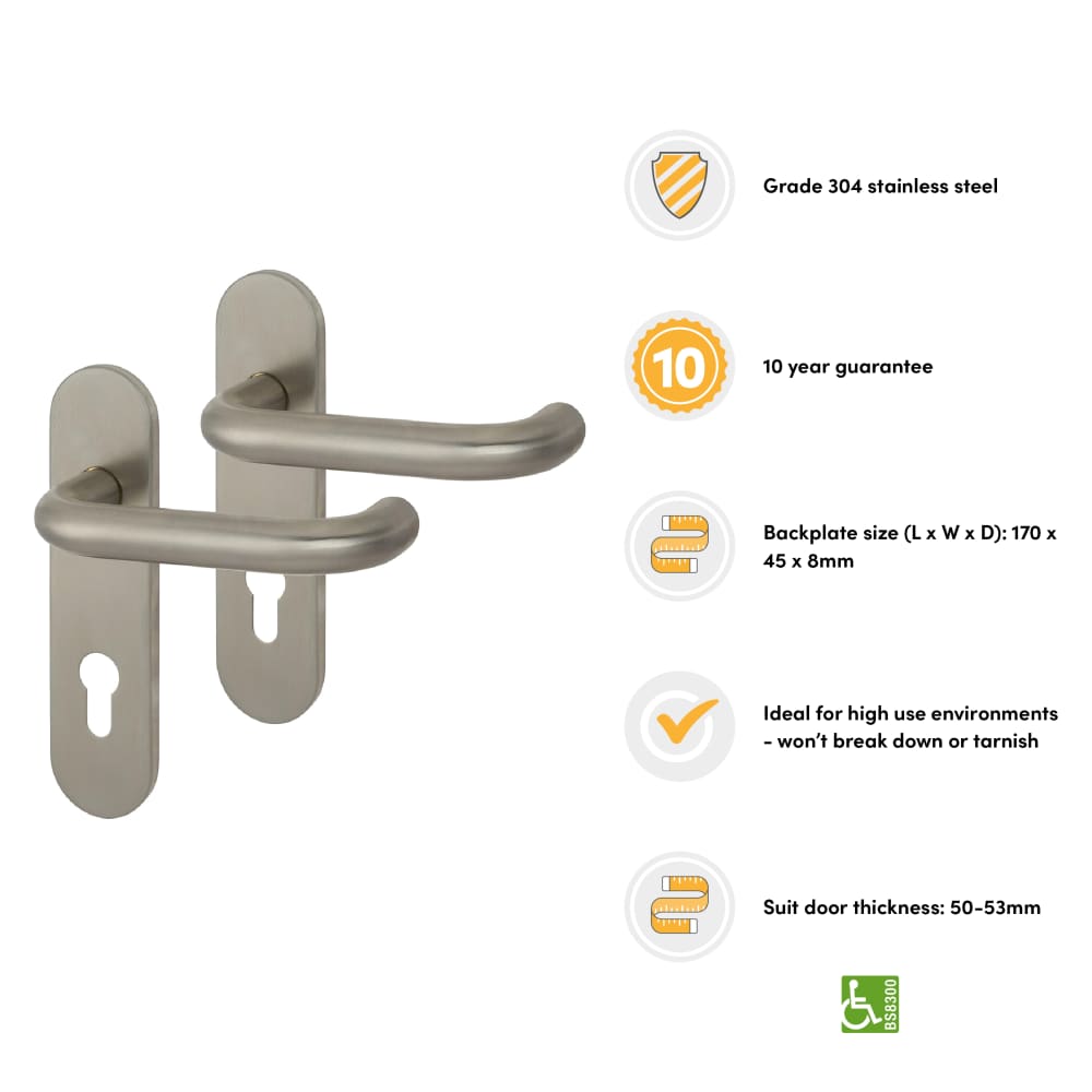 Altro 19mm Return to Door Lock Door Handle - Radius Plate - Euro - 72mm c/c - Satin Stainless