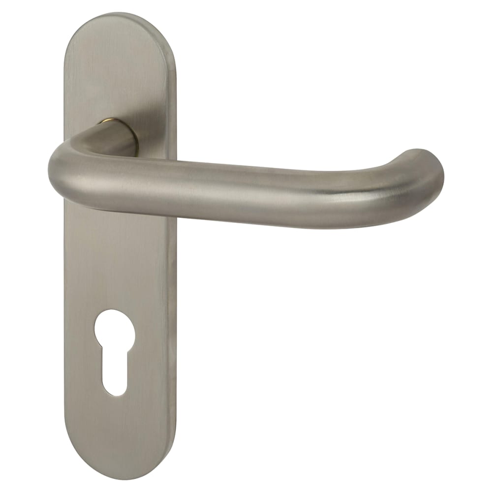 Altro 19mm Return to Door Lock Door Handle - Radius Plate - Euro - 72mm c/c - Satin Stainless