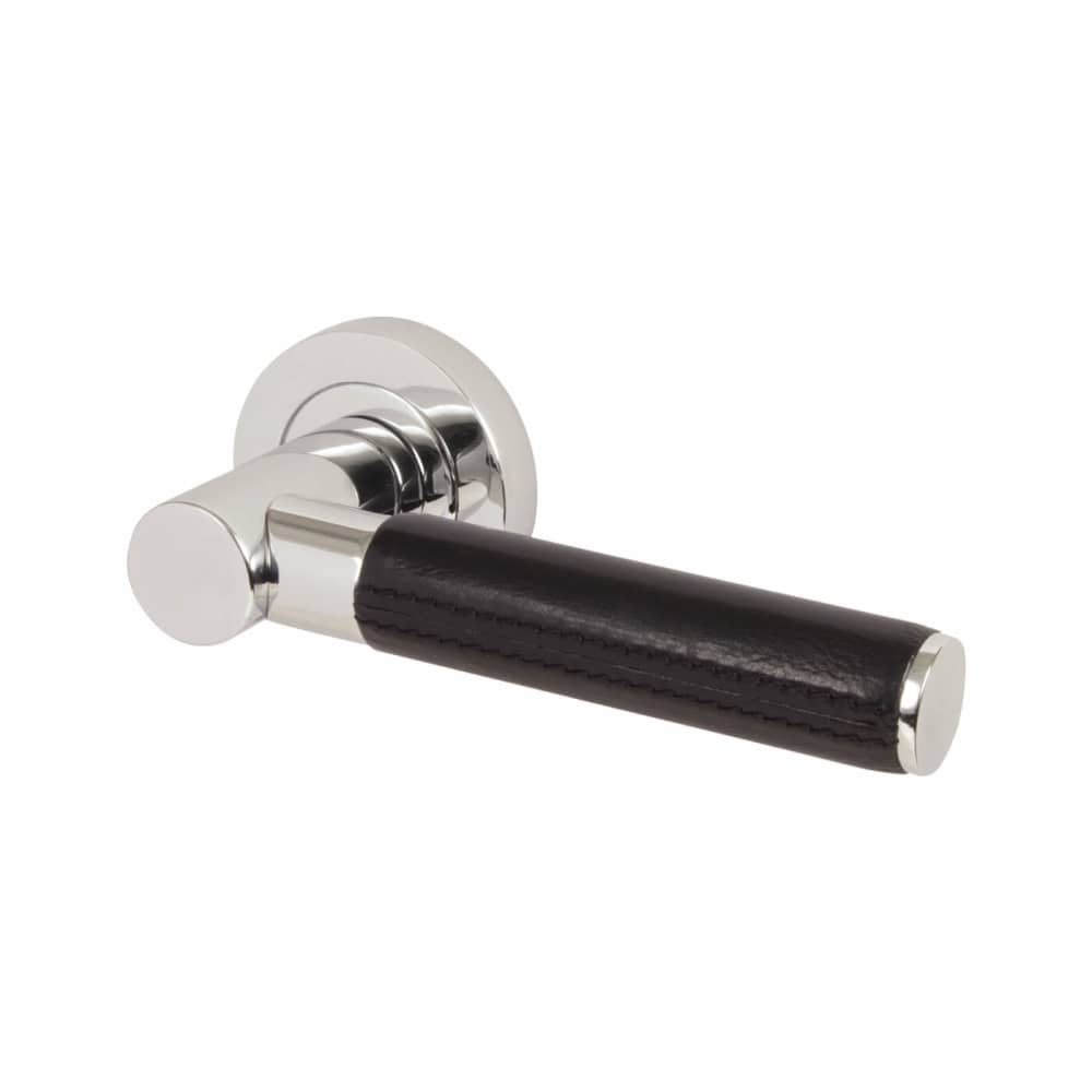 Reguitti Ascot Door Handle on Rose - Black Leather/Polished Chrome