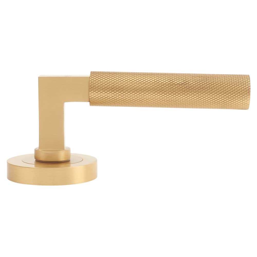 Hampstead Solid Brass Knurled Lever Door Handle on Rose Satin Brass IronmongeryDirect Same