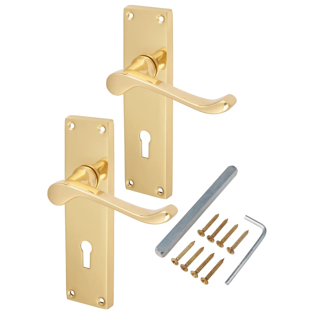 Touchpoint Victorian Scroll Lock Door Handle - Keyhole - 155 x 42mm - Polished Brass