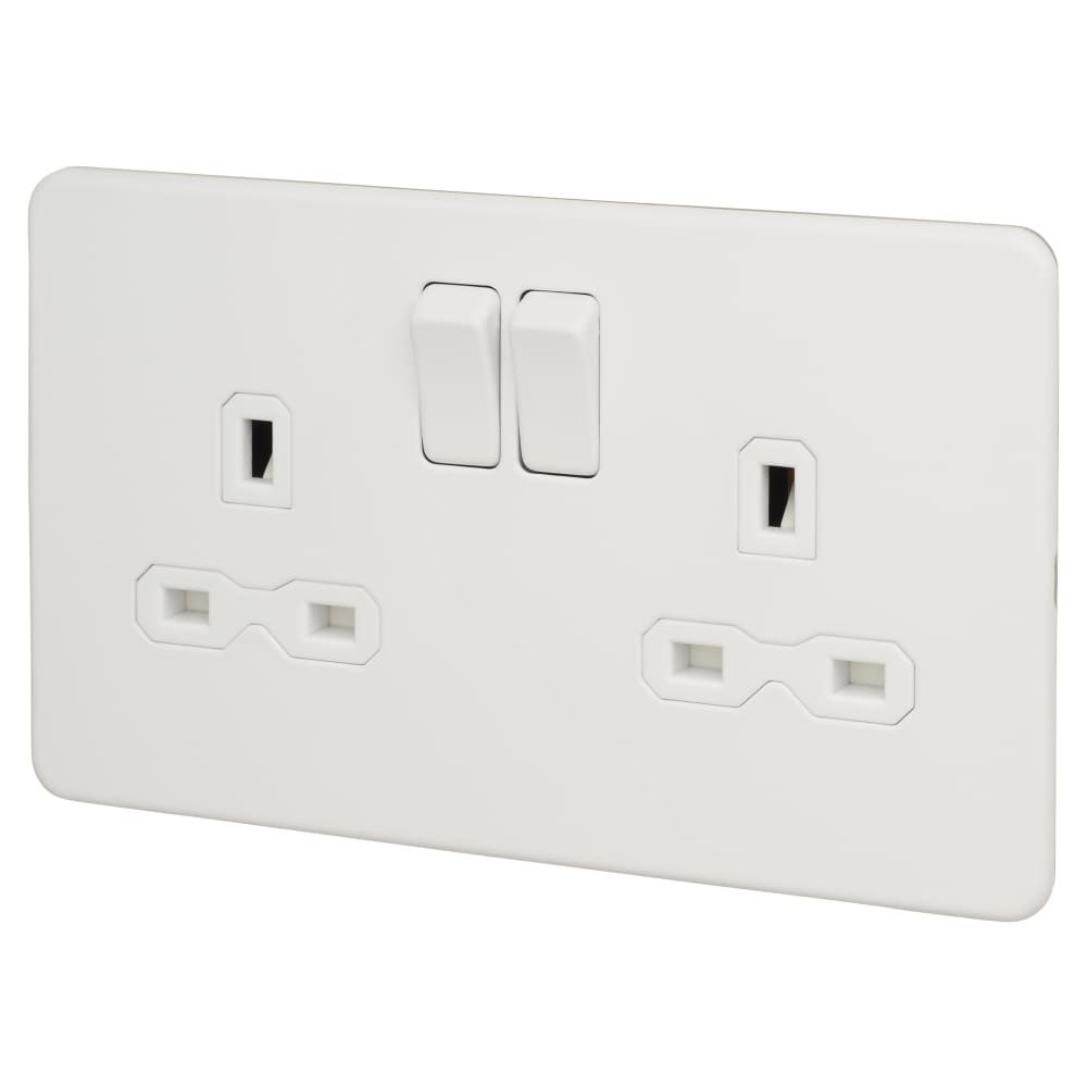 Knightsbridge 13A 2 Gang Screwless Flat Plate DP Switched Socket - Matt White/White Insert
