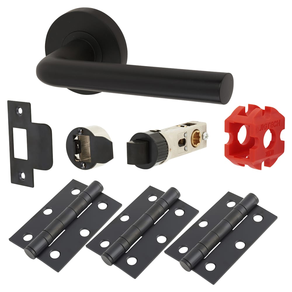 Jigtech Riva Latch Door Handle on Rose Kit - Passage - Matt Black