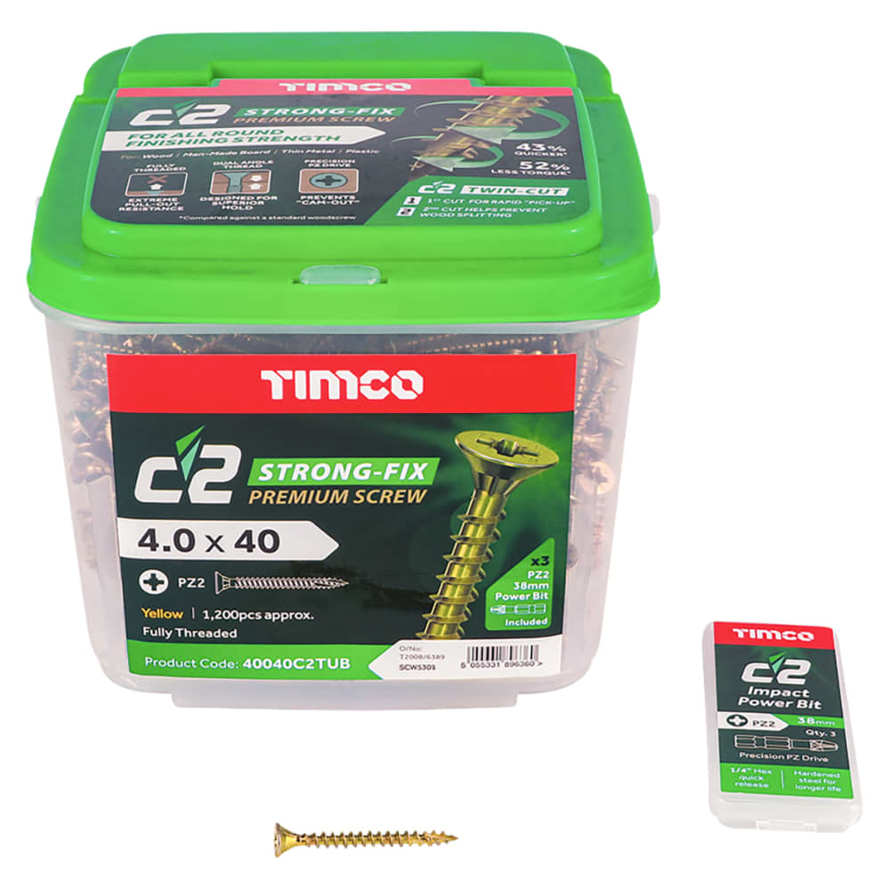 TIMCO C2 Strong-Fix Pozi Double Countersunk Twin-Cut Wood Screws Tub - 4.0 x 40mm - Pack of 1200