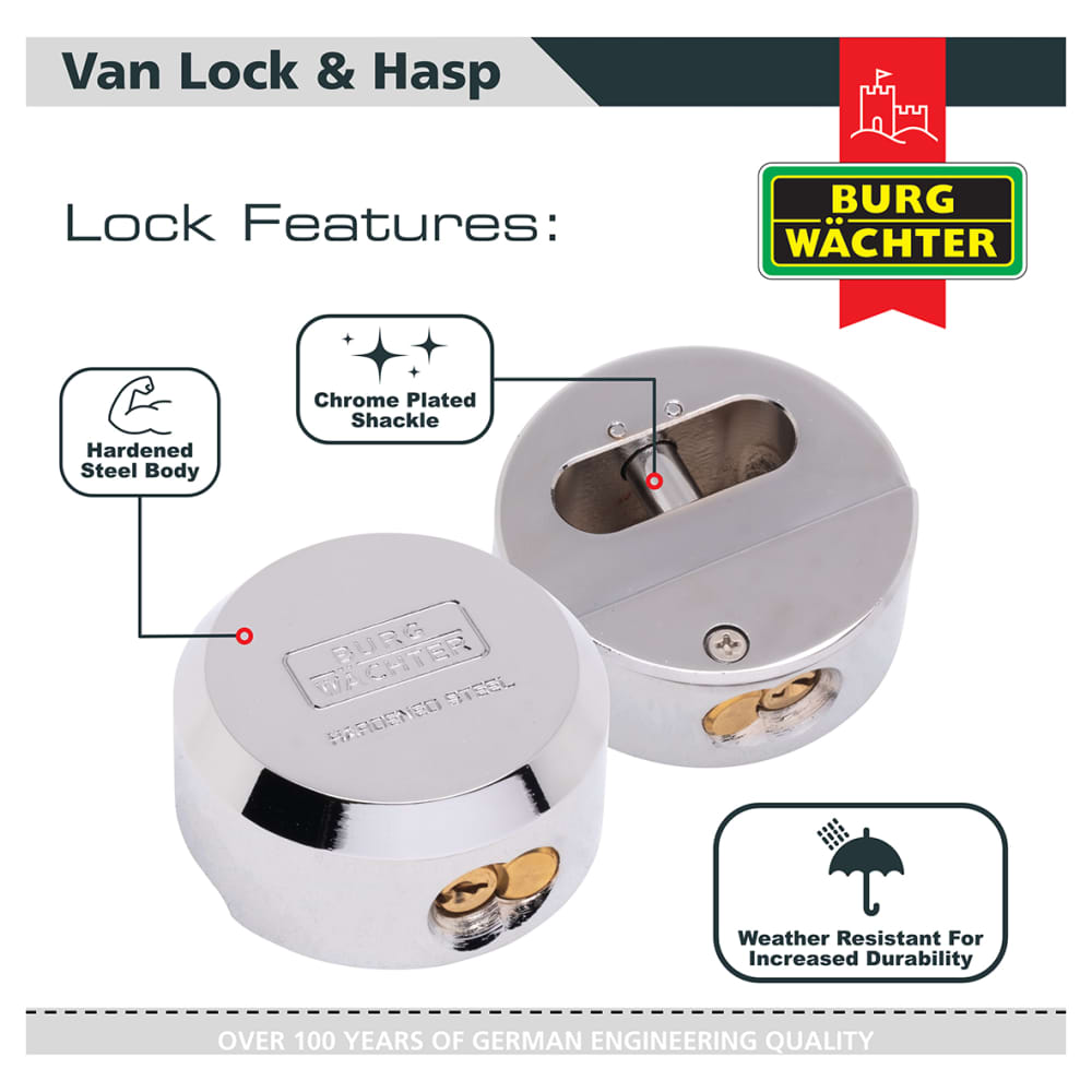 Burg Wachter Heavy Duty Hardened Steel Van Hasp & Padlock Kit - Silver