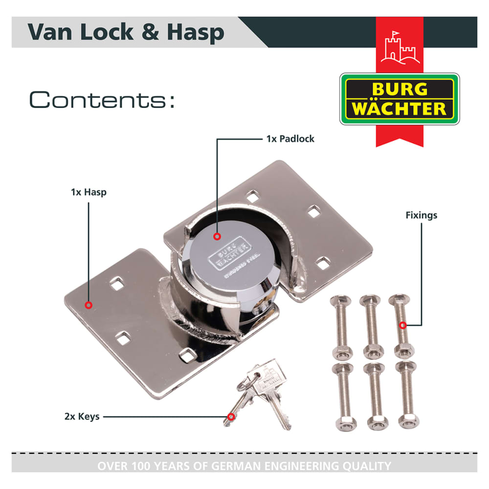 Burg Wachter Heavy Duty Hardened Steel Van Hasp & Padlock Kit - Silver
