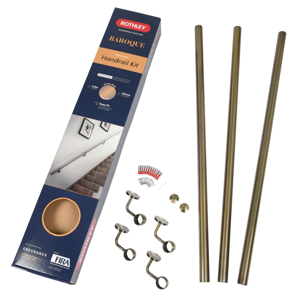 Rothley 40mm Handrail Banister Staircase Rail Support Kit - 3600mm Length - Antique Brass