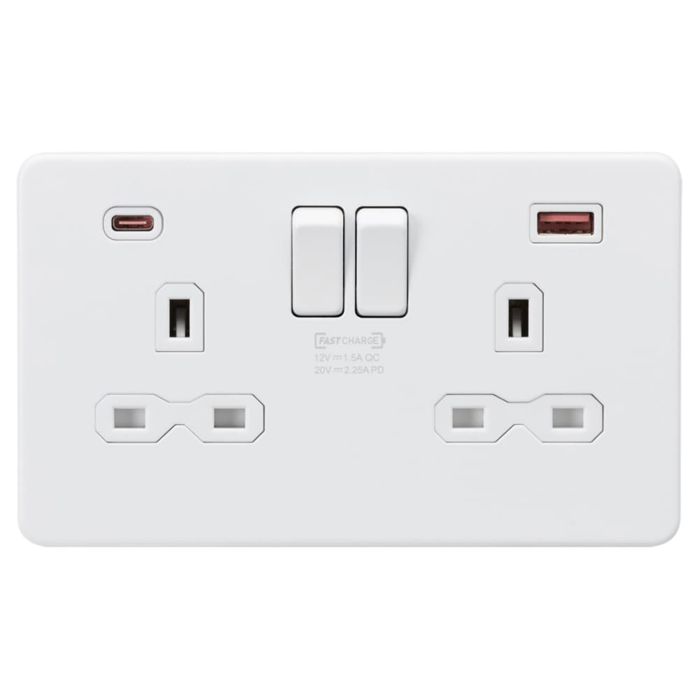 Knightsbridge 13A 2 Gang Type A/QC18W Type C/PD45W USB Socket with 2 x USB - Matt White/White