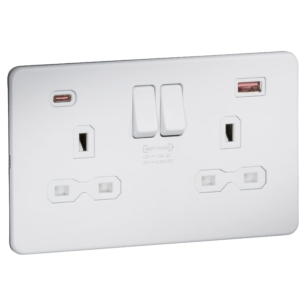 Knightsbridge 13A 2 Gang Type A/QC18W Type C/PD45W USB Socket with 2 x USB - Matt White/White