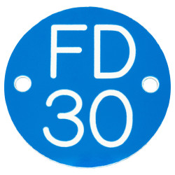 Altro FD30 Fire Door Sign - Drilled - 50mm Diameter - Rigid Plastic - Blue