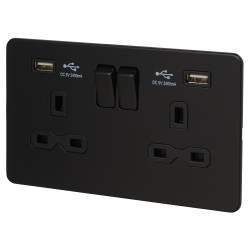 Knightsbridge 13A 2 Gang Screwless USB Socket with 2 x USB - 2.4A - Matt Black/Black Inserts